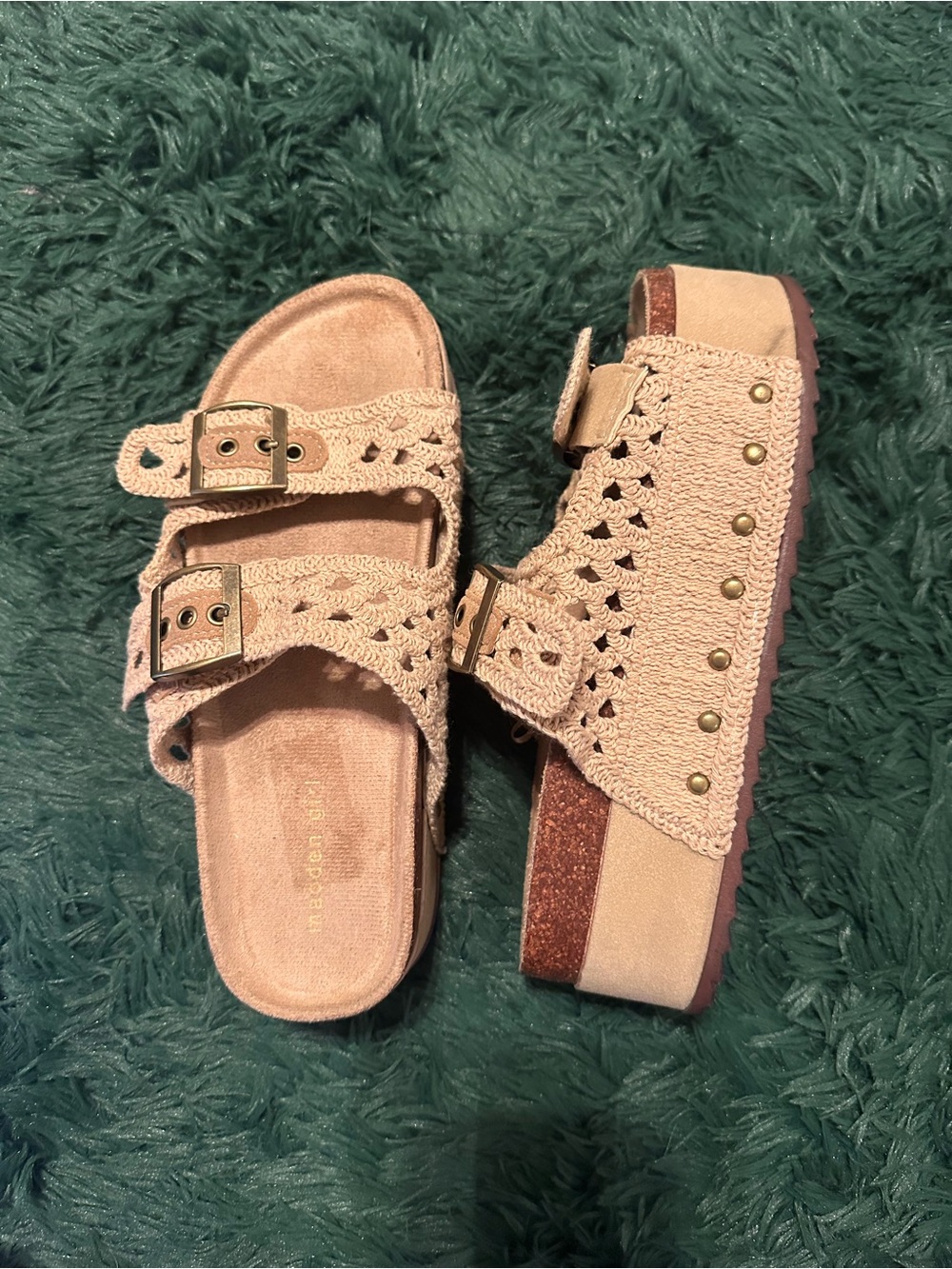 Madden Girl Crochet Double Strap Platform Sandals Tan Boho Buckle Slides 9.5